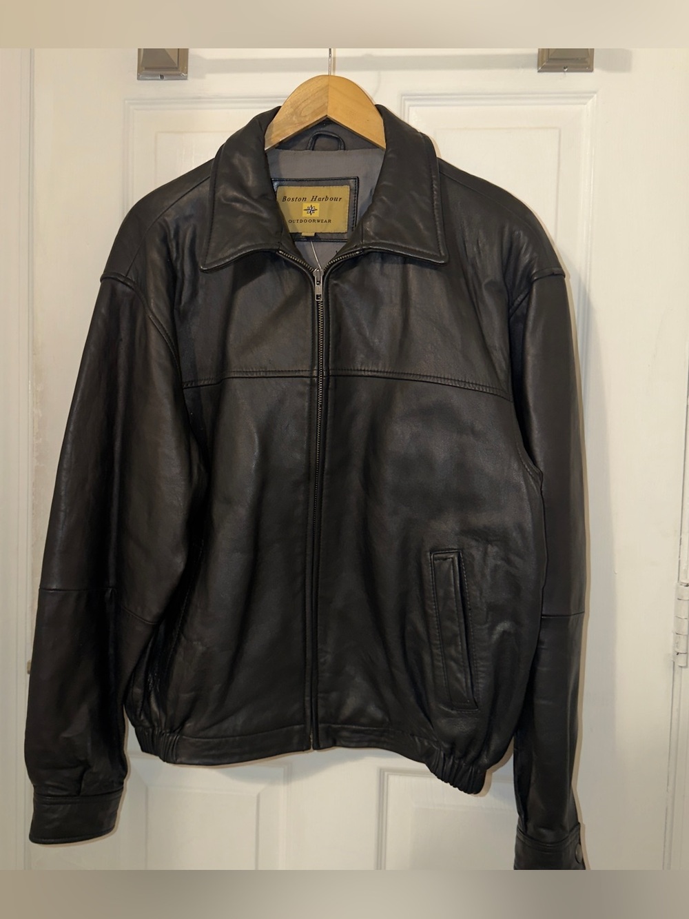 Men's Black Leather Bomber Jacket by
